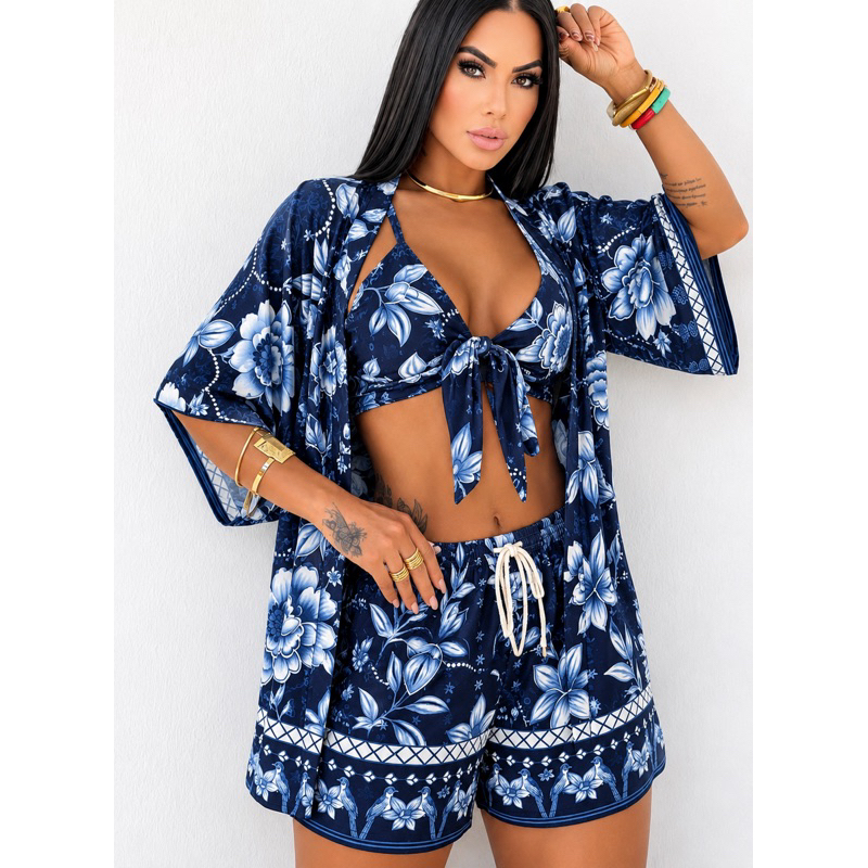 Conjunto Kimono Floral Feminino Cropped com Bojo Viscolinho Crepinho Praia Elegante