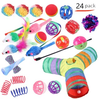 Kit de Brinquedos para Gato 24 Peças, Túnel, Varinha com Penas, Brinquedos Sonoros e Macios