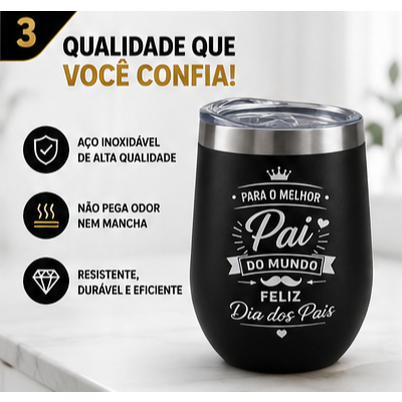 Copo Caneca Dia dos Pais Térmico Inox 360ml Tampa Personalizado Vácuo Quente Frio Laser