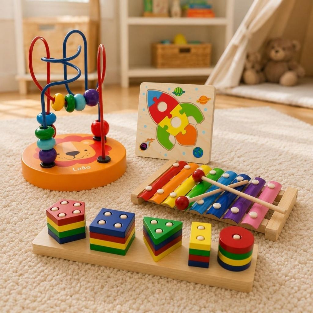 Kit 4 Brinquedos Educativo Encaixe Madeira Formas Geométricas Infantil Coordenação Motora Pedagógico