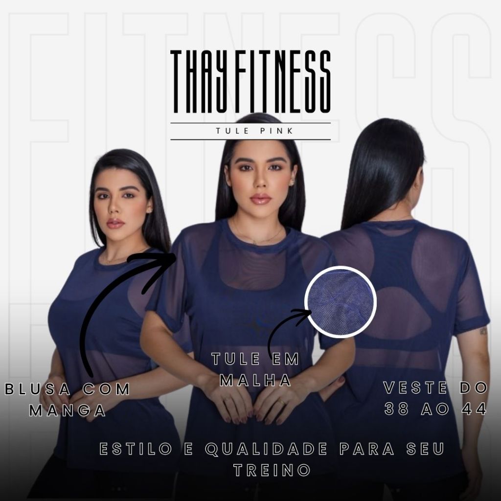 Blusa Tule Feminina Fitness Academia Transparente Camiseta para Treino Musculação Dry Fit Sobreposição