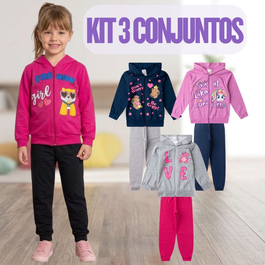 Kit 3 Conjunto Blusa Moletom Calça Infantil Menina Inverno Roupa Frio 6 Peças Capuz Zíper Quentinho