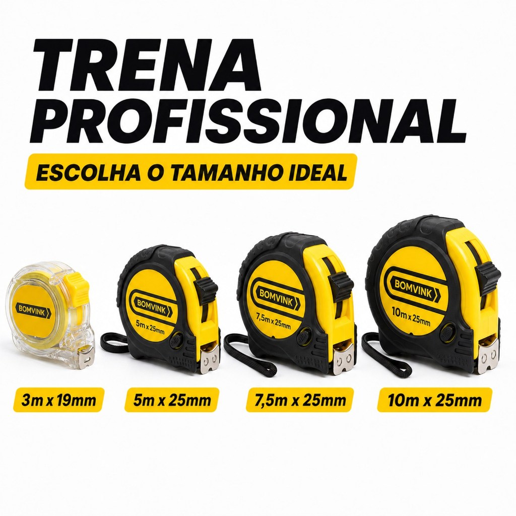Trena Fita Métrica Profissional 3m 5m 7,5m 10m Aço 19/25mm com Trava e Ponta Magnética