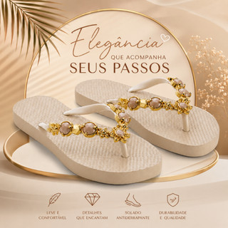 Chinelo Feminino Pedraria Bege Com Pedrarias Douradas Conforto E Maciez Estilo Para Seus Pés