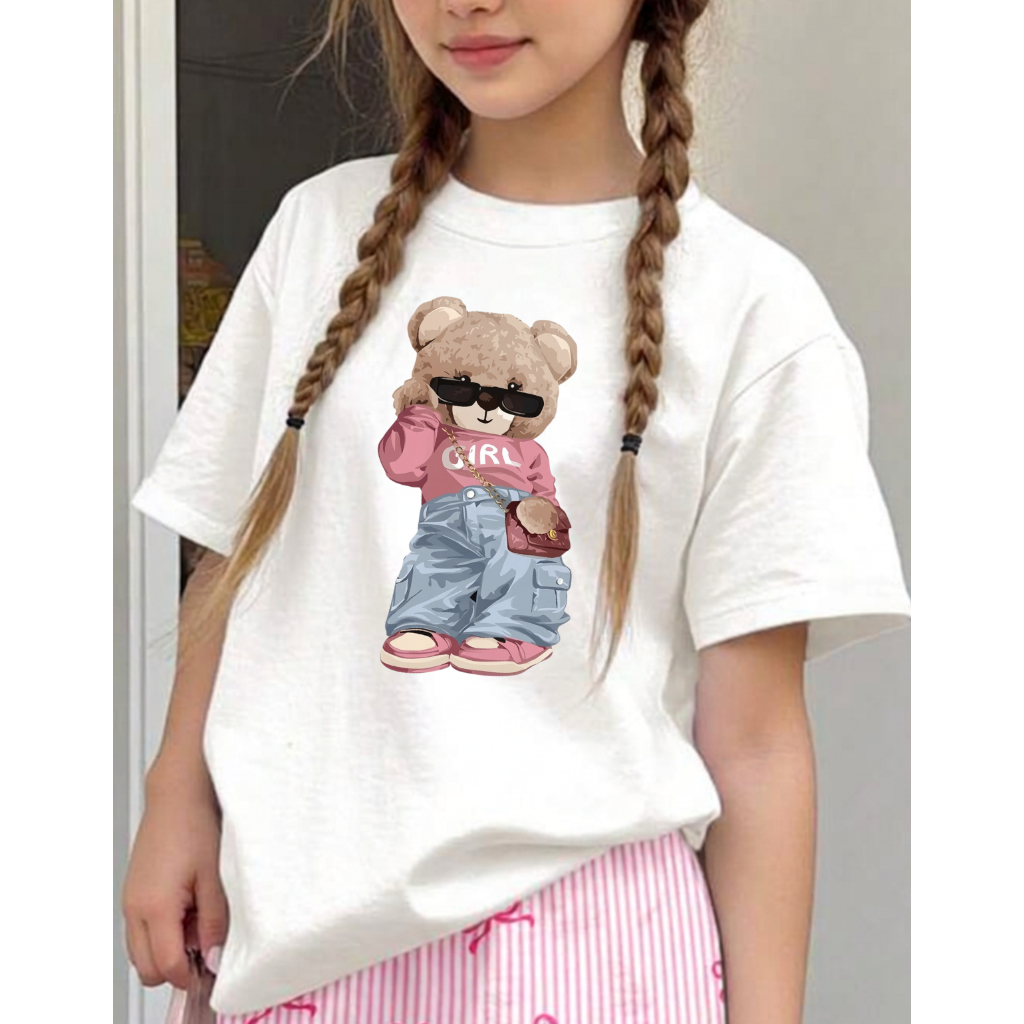 Camiseta Infantil Menina Blusa Ursinho Estilosa Algodão Confortável Modinha Blogueirinha Luxo Urso