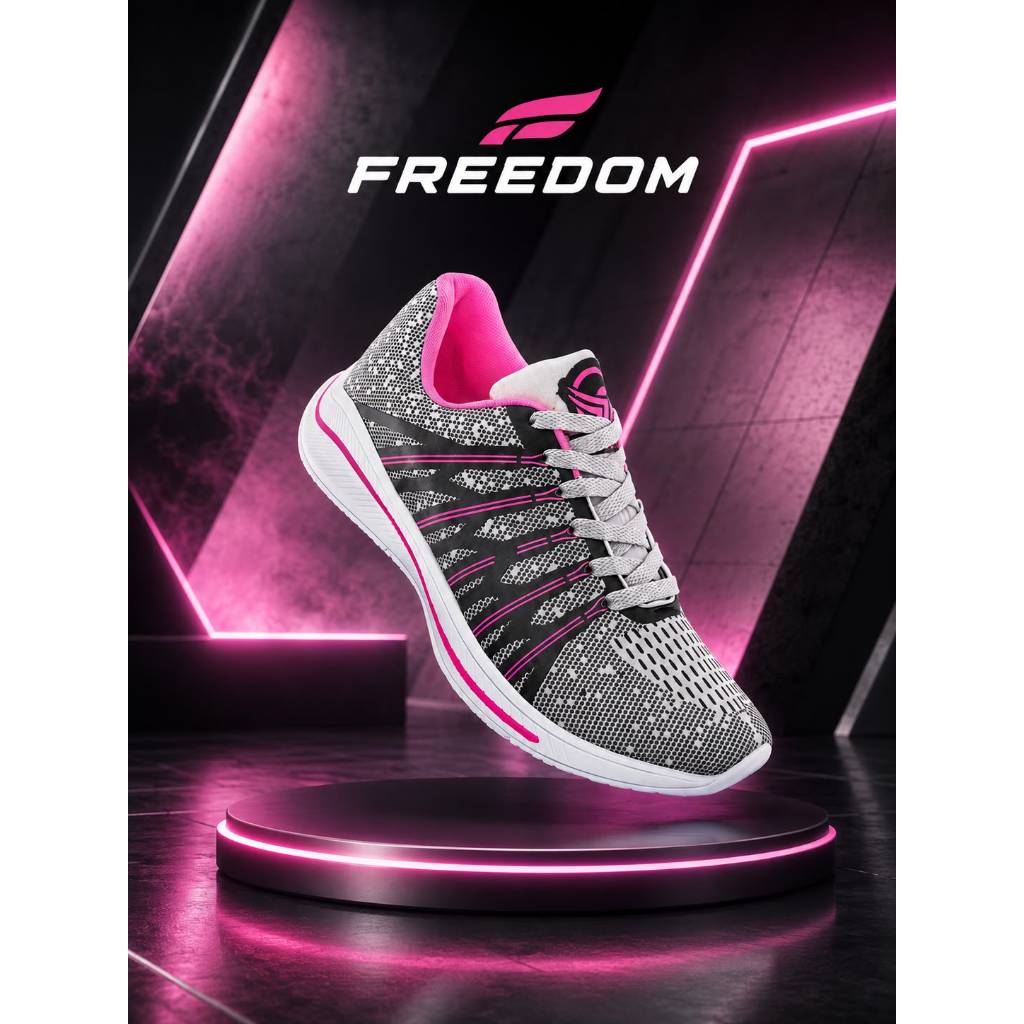 Tenis Feminino Escolar Academia Original FREEDOM Corrida Caminhada Lançamento CINZA PRETO PINK