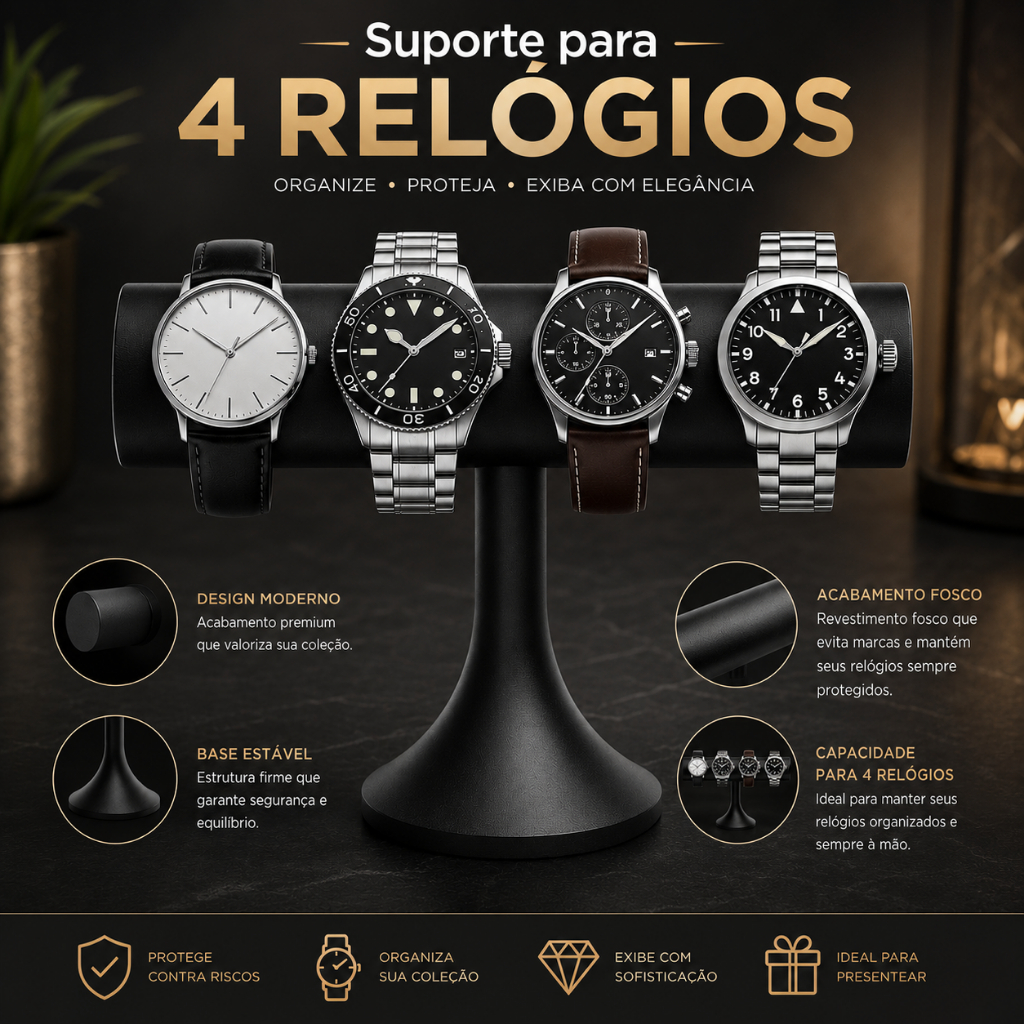 Suporte Organizador para 4 Relógios Expositor de Mesa Porta Relógios Premium