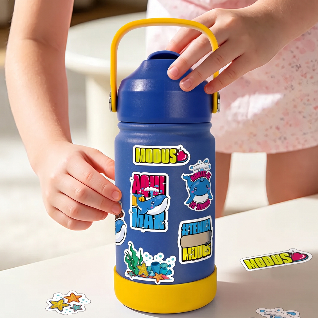 Garrafa Térmica Infantil Inox 420ml com Canudo, Antivazamento, Cores Exclusivas MODUS - Com Adesivos