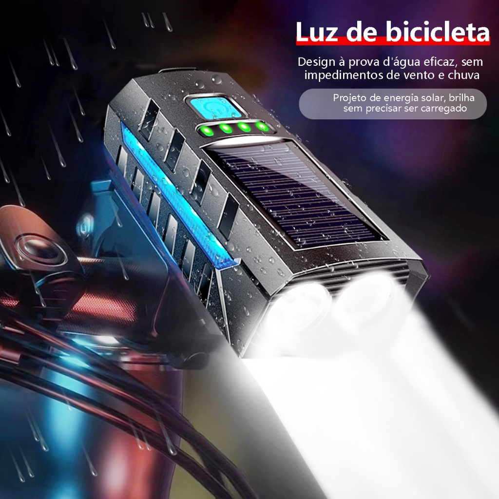 Kit Lanterna Bike Solar Com Buzina E Power Bank 12 Horas Recarregável À Prova D'Água Farol Bicicleta