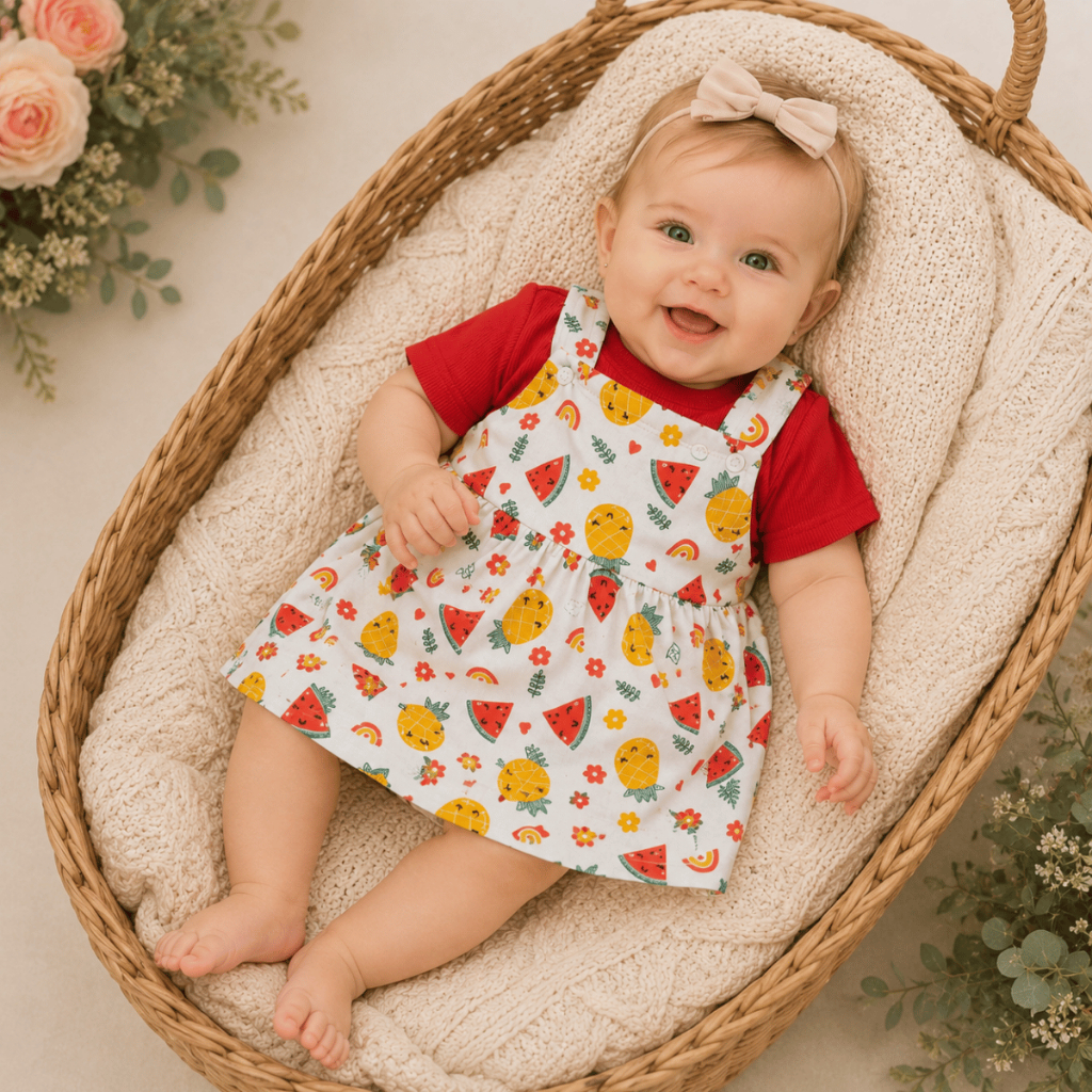 Conjunto Jardineira Salopete Estampada + Camisa em Ribana Bebê Menina Verão Algodão