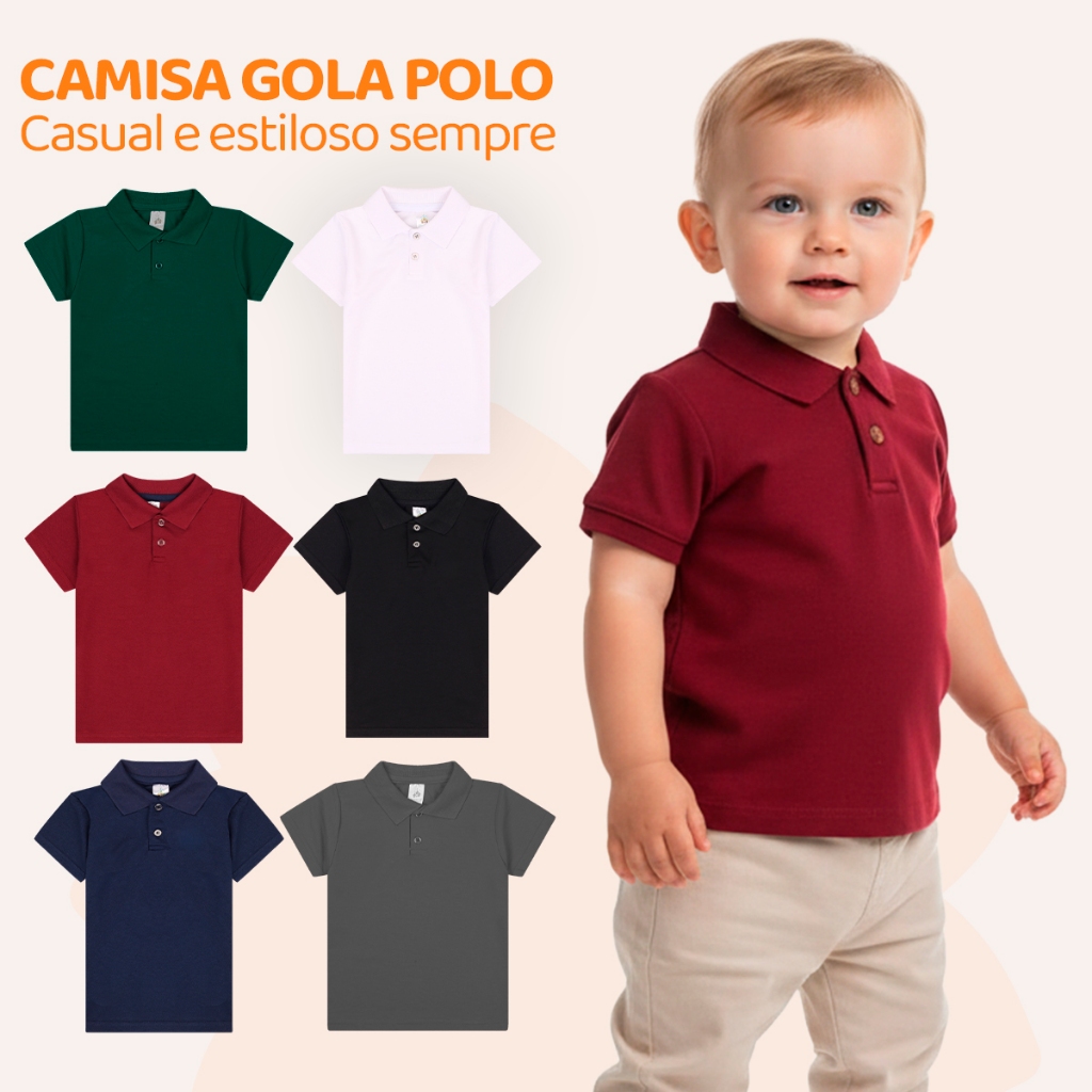 Kit Sortido 2 ou 3 Camisas Polo Menino Infantil Masculino Bebê Estilo Casual Básico de Sair Branca Preta Azul Bordo