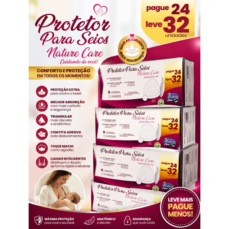 Absorvente para Seios Nature Care 32, 64, 96 ou 128 Unidades | Anatômico e Super Absorvente
