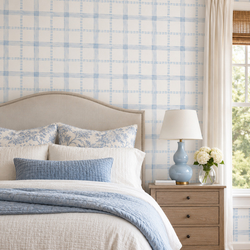 Papel de Parede Adesivo Xadrez Pontilhado Azul Quarto Infantil Lavável