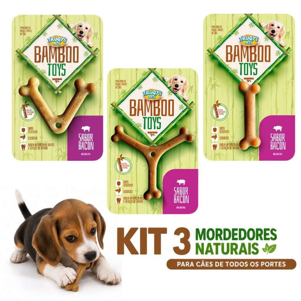 Kit 3 Mordedor Bamboo Toys Sabor Bacon Truqys Pequeno I V Y para Cães Saúde Bucal
