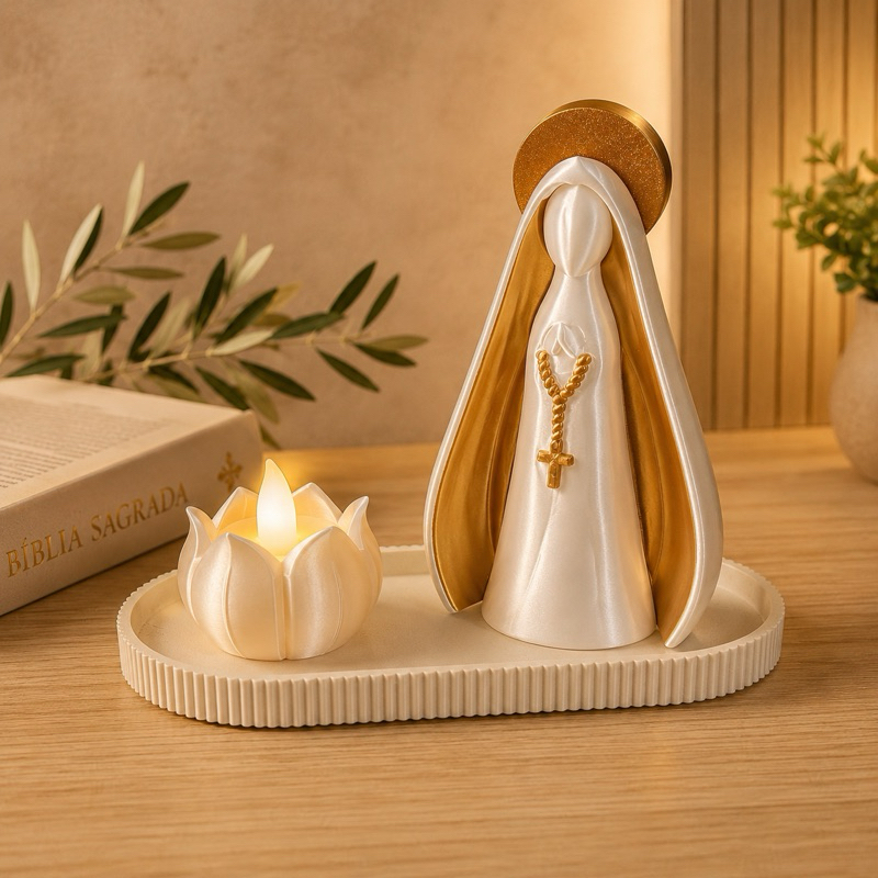Kit Cantinho de Oração Nossa Senhora Aparecida | Porta Terço / Porta Vela LED | Presente Católico Decorativo
