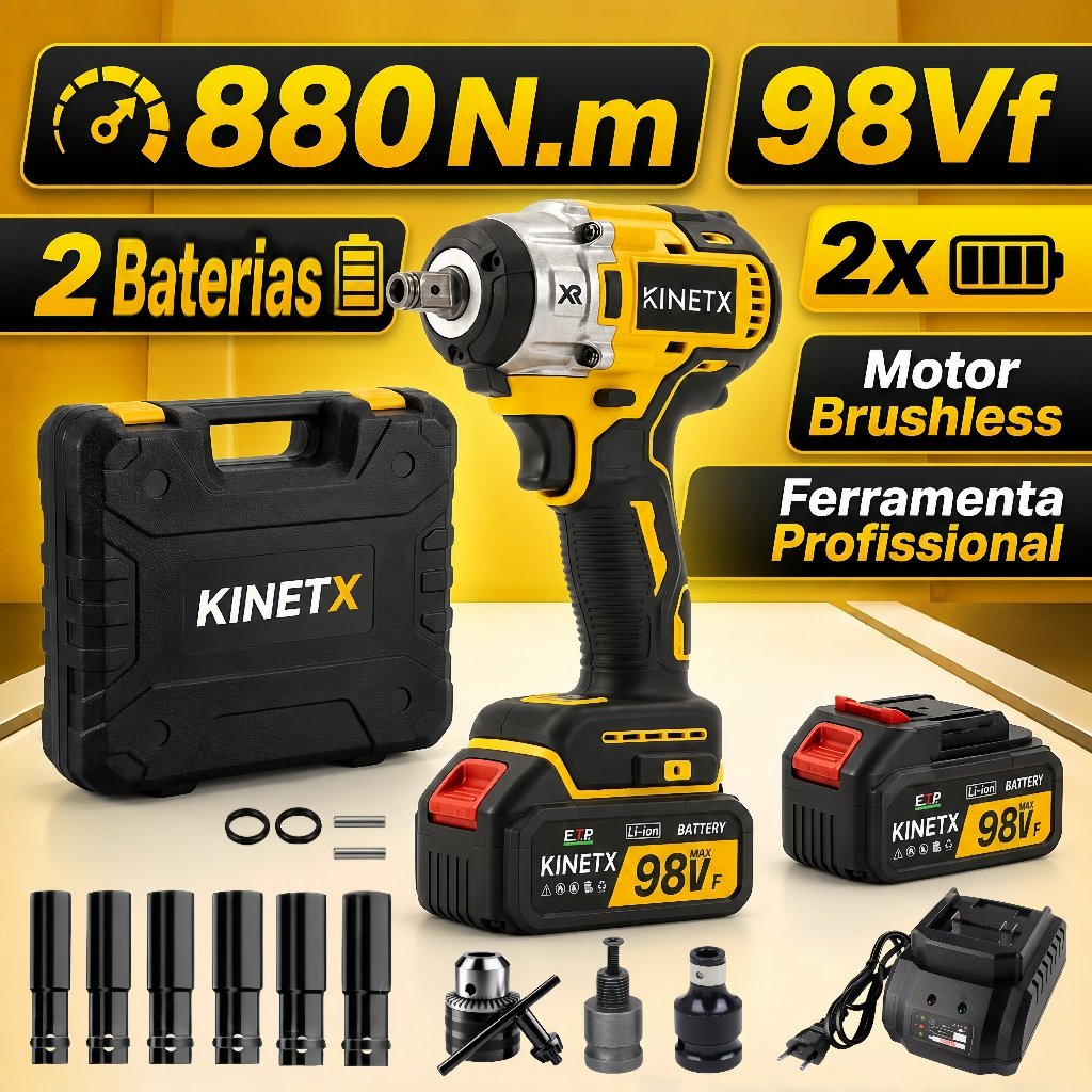 Chave De Impacto A Bateria*2 KINETX 880Nm 98Vf Furadeira Parafusadeira Motor Sem Escovas Bateria Portátil Maleta