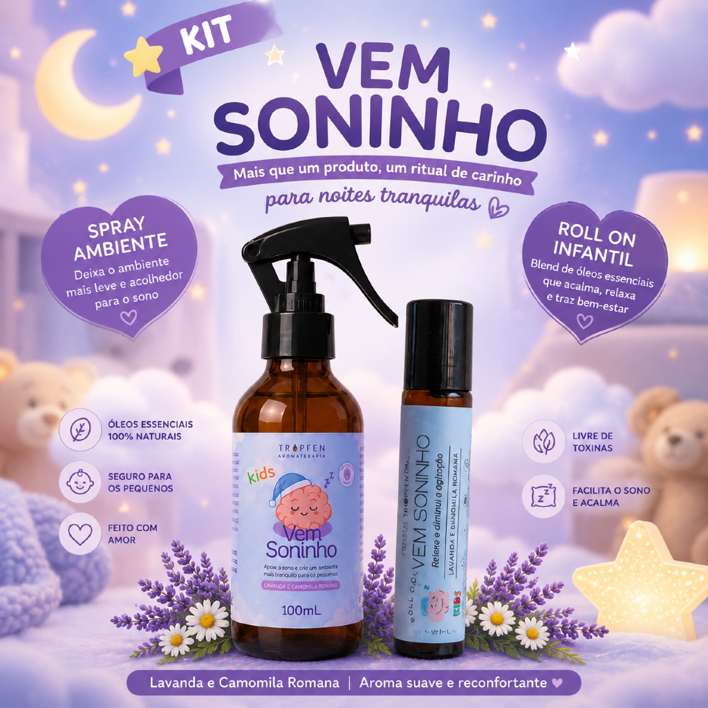Kit Aromaterapia Infantil Bebê para Sono - 1 Spray Ambiente + Roll on Soninho com Óleo Essencial