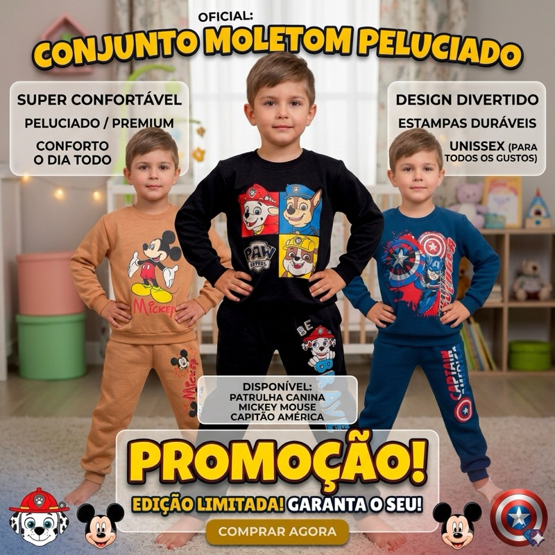 Conjunto Moletom Infantil Peluciado Flanelado Inverno Casaco e Calça Super Heróis 100% Algodão