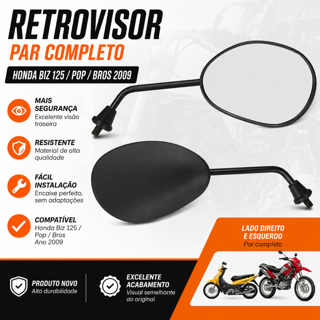 Retrovisor Honda Biz 125 2009 Pop Bros Par Completo Espelho Moto Alta Qualidade