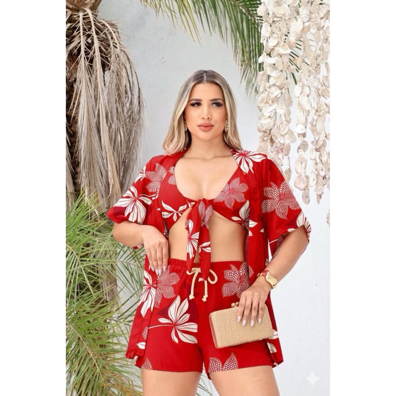 CONJUNTO FEMININO 3 PEÇAS KIMONO ESTAMPADO – CROPPED, SHORT E KIMONO MODA VERÃO ELEG