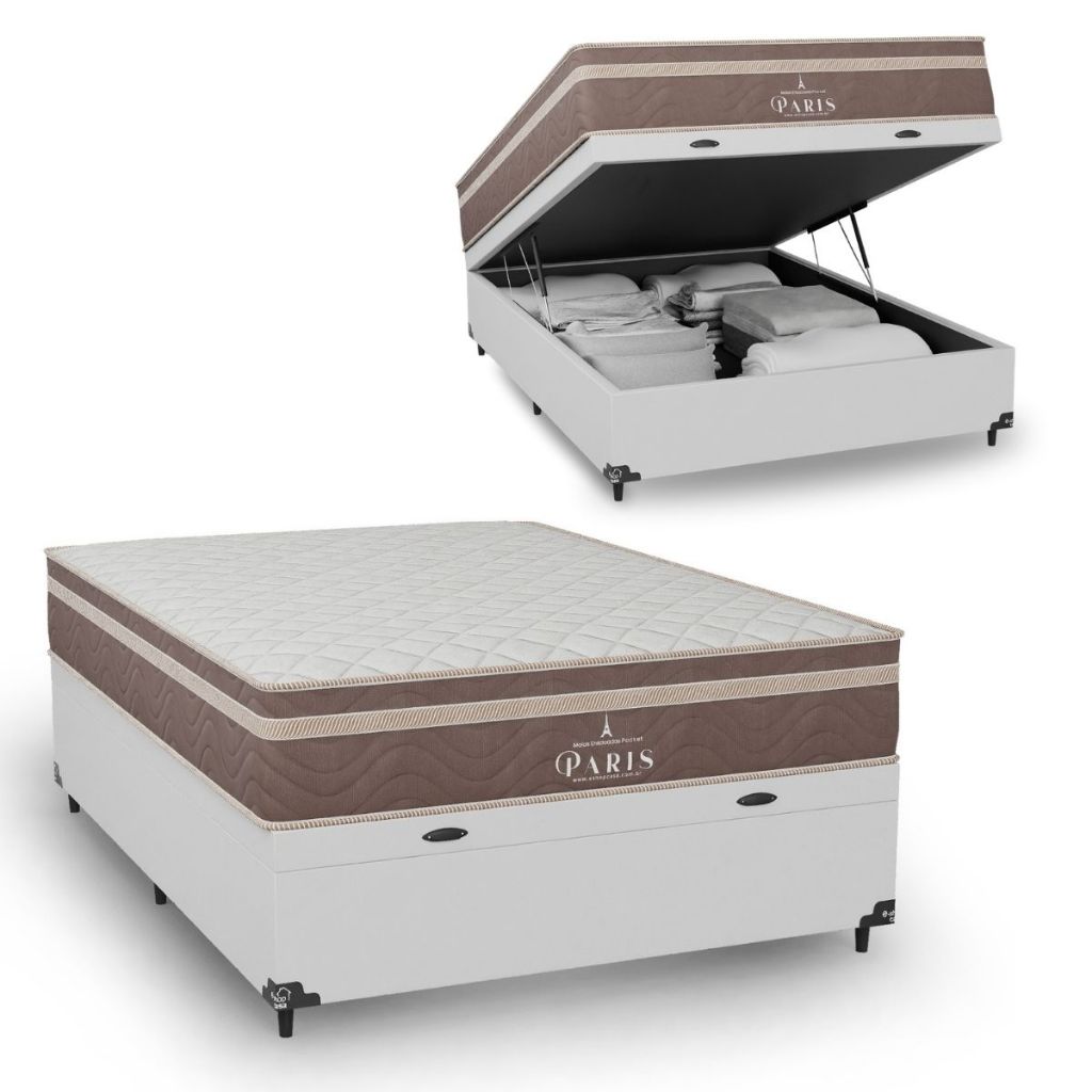 Cama Box Baú Casal Couro Branco + Colchão Paris Molas Ensacadas Marrom - e-Shop Casa