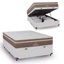 Cama Box Baú Casal Couro Branco + Colchão Paris Molas Ensacadas Marrom - e-Shop Casa