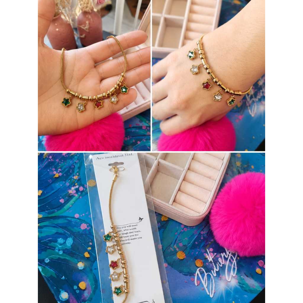 Pulseira Feminina Aço Inoxidável 316L Dourada com Pingentes Estrelas Coloridas Ajustável Antialérgica