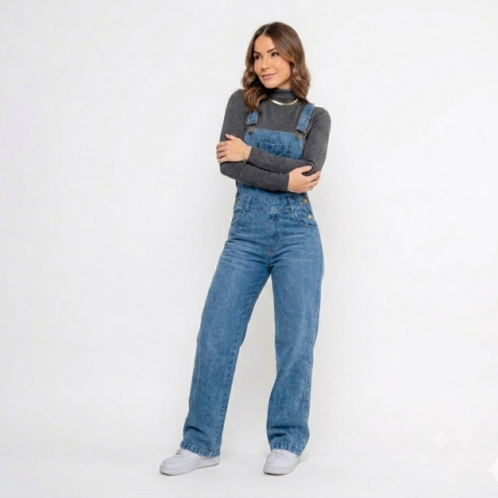 Jardineira Jeans Longa Inverno Feminina Macacão com Botões Laterais Cintura Alta