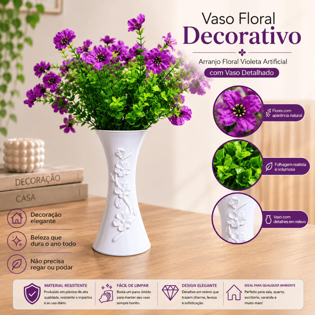 Arranjo de Violetas Artificiais Roxas com Vaso Branco Trabalhado em Relevo Elegante