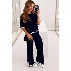 Conjunto Tricot Feminino Bicolor Blusa e Calça Pantalona Com Bolsos Aerolook Tendência Atemporal Elegante Luxo