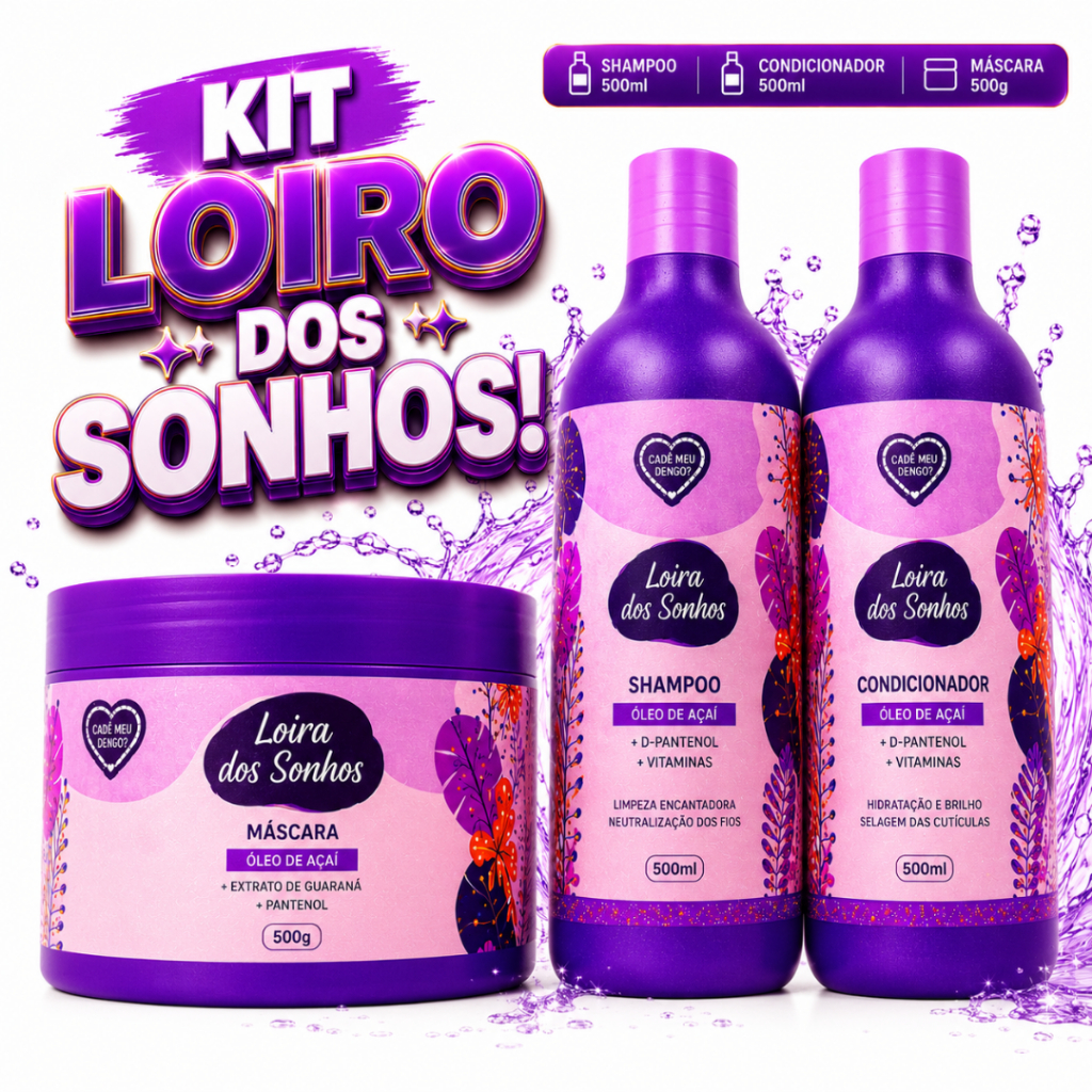 Kit Matizador Cabelo Loiro Desamarelador Shampoo Condicionador Máscara 500ml Loiro dos Sonhos