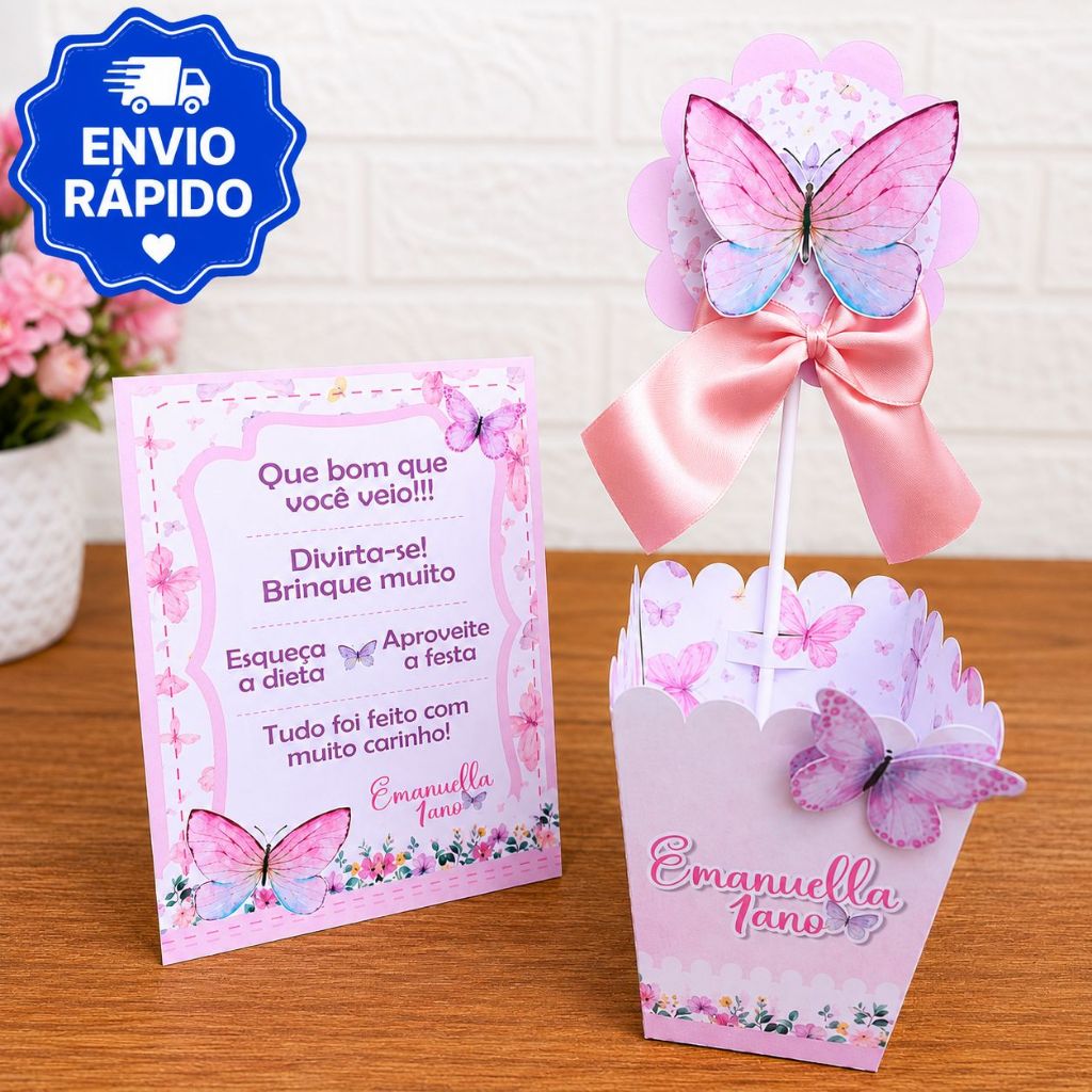 Kit Centro De Mesa Jardim Das Borboletas Personalizado Menina Envio Rápido Cachepô e Plaquinha