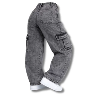 Calça Jeans Wide Leg Infantil/Juvenil Preto Grafite Cintura Alta Efeito Marmorizado Jateado Modelo L