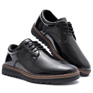 Sapato Masculino Preto Tratorado Sola Alta Oxford Derby Calçado Elegante Acabamento em Verniz Oferta