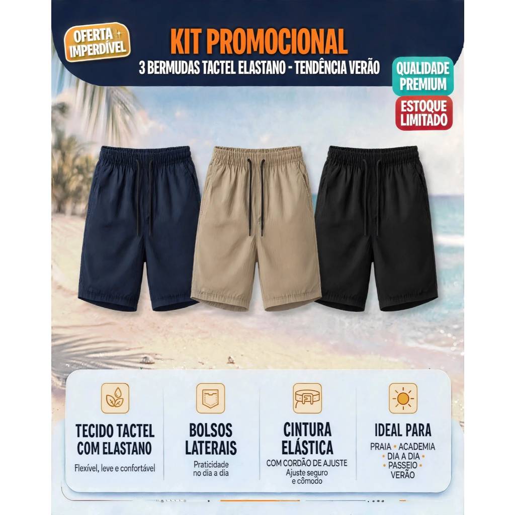 Kit 3 Bermudas Masculina Mauricinho Tactel Elastano Tactel Liso Short Praia