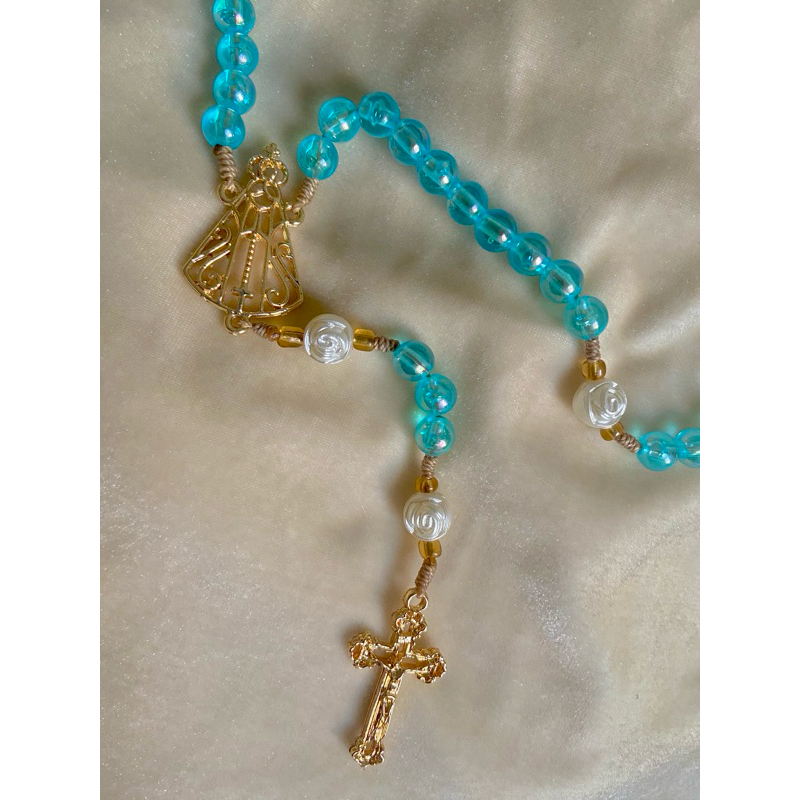 Terço Católico Nossa Senhora Aparecida Azul Turquesa em Cordão com Nós Artesanal