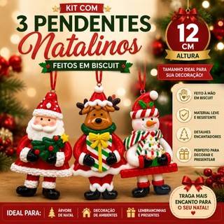 KIT 3 PENDENTES NATALINOS EM BISCUIT 12 CM KIT COM 3 ENFEITE DE NATAL DECORAÇÃO DE ÁRVORE DE NATAL ENEFITE DE NATAL