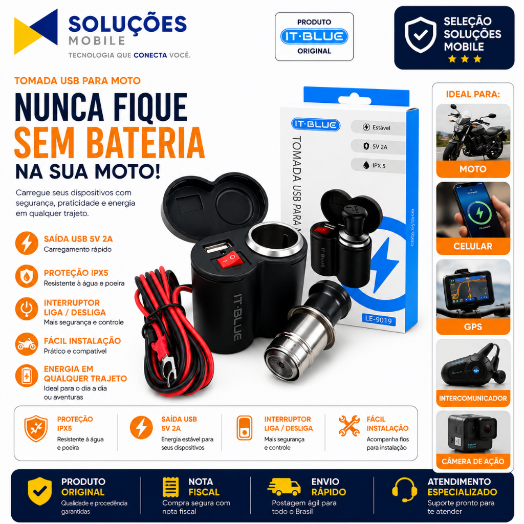 TOMADA USB PARA MOTO IT-BLUE LE-9019 | 5V 2A | CARREGAMENTO RÁPIDO | IPX5