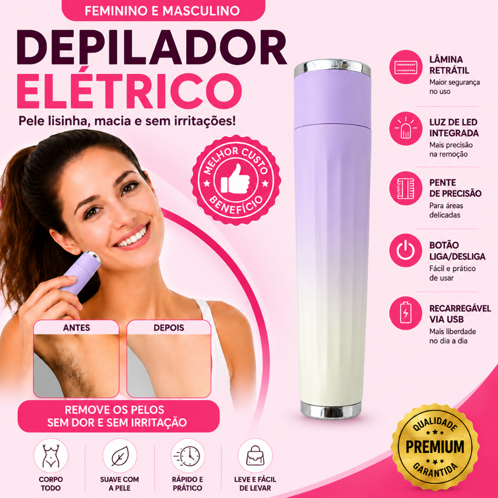 Depilador Elétrico Recarregável USB para Rosto e Corpo | Pele Lisa e Sem Pelos em Instantes