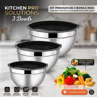Bowl Aço Inox com Tampa de Silicone Higiênica Ideal para Armazenar e Preparos - 3 Tamanhos BM-F1358