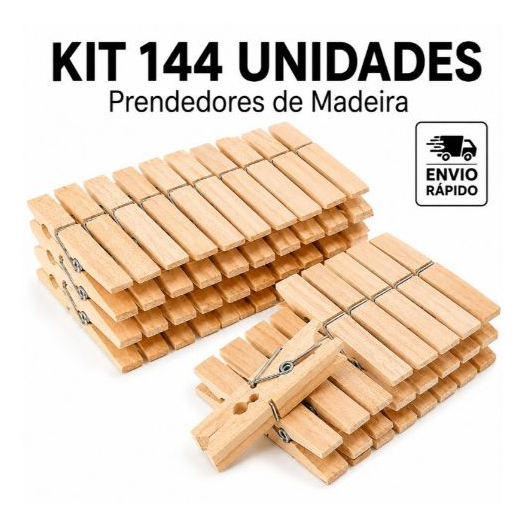 Kit 144 Prendedores de Roupa em Madeira Reforçados para Varal e Lavanderia
