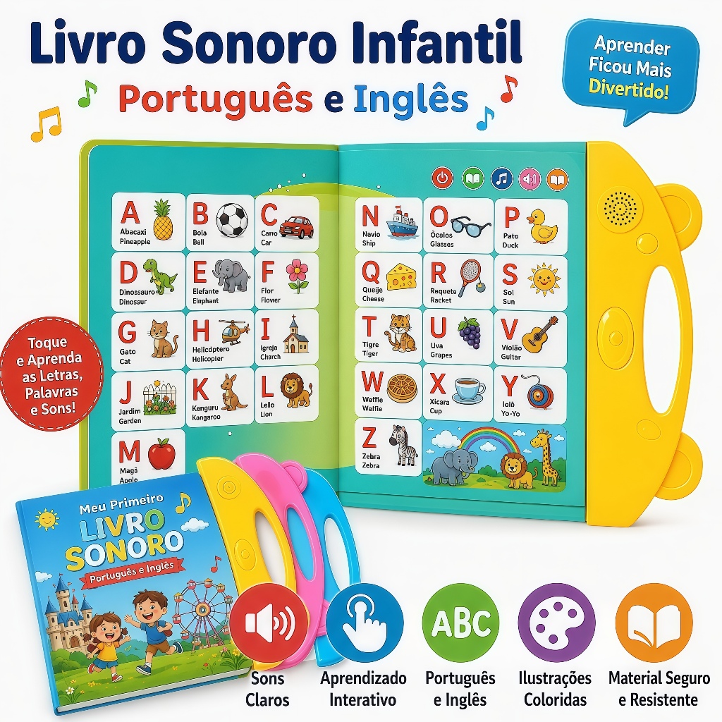 Livro Interativo Infantil Bilíngue Português Inglês Multi Temas Toque Educativo Aprendizagem