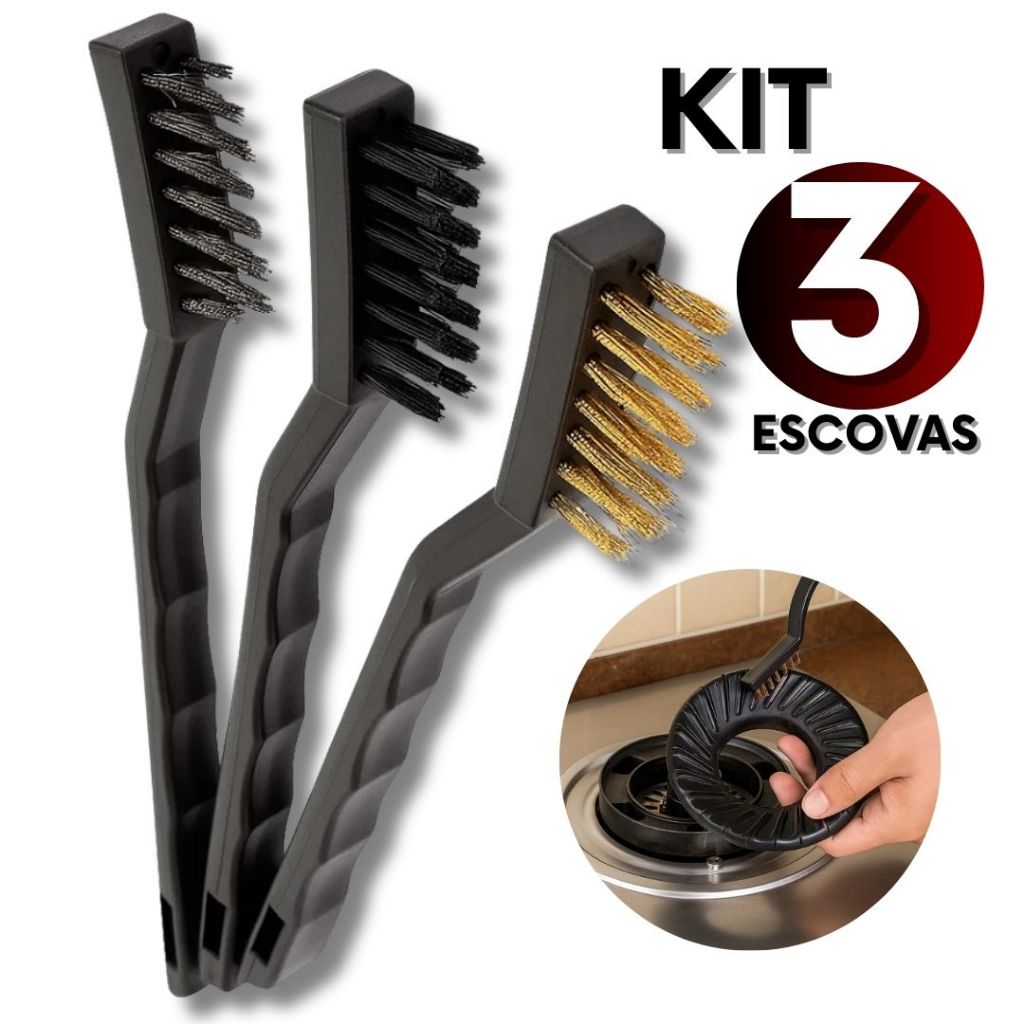 Kit 3 Escovas de Aço Multiuso Latão e Nylon Para Limpeza Pesada Doméstica e Uso Profissional