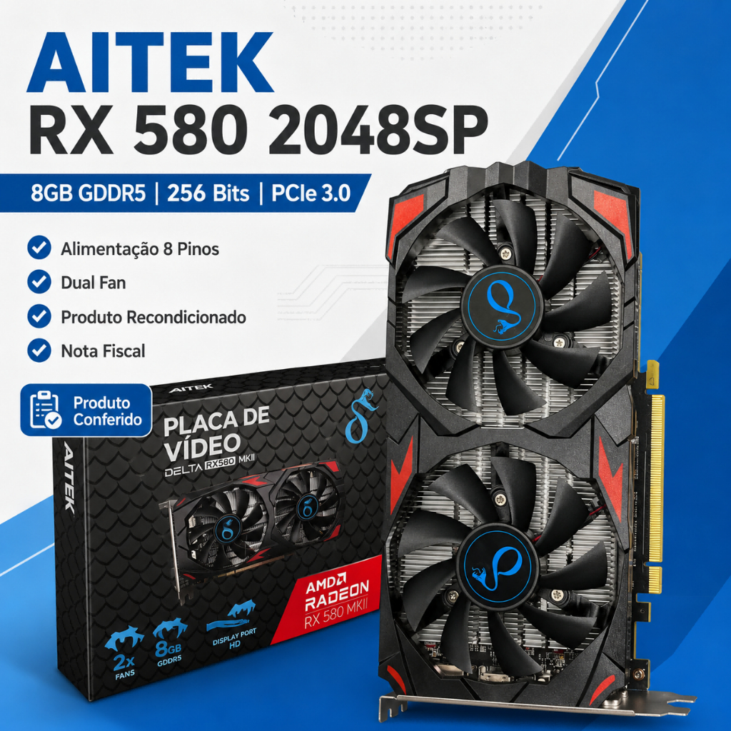 Placa De Vídeo AITEK RX 580 2048SP 8GB GDDR5 256 Bits PCIe 3.0 Recondicionada 8 