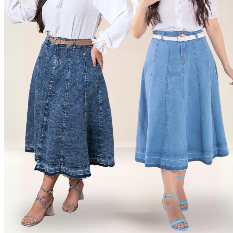 Saia Jeans Midi Elegante Evasê Godê Rodadinha Acompanha Cinto Moda Evangélica Jufí