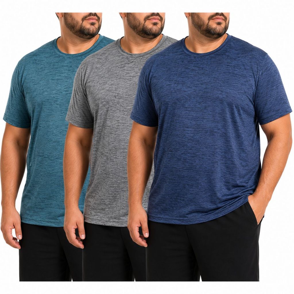 Kit com 3 Camisetas Dry Mescla Plus Size Masculina G1 G2 G3 G4 G5 Academia Treino Caminhada Corrida Esporte Tecido Leve