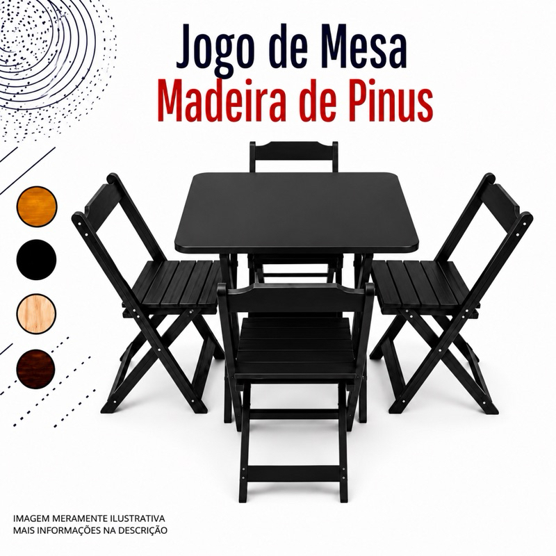 KIT JOGO DE MESA MADEIRA DOBRÁVEL 70X70 COM 4 CADEIRAS - BAR RESTAURANTE ÁREA GOURMET