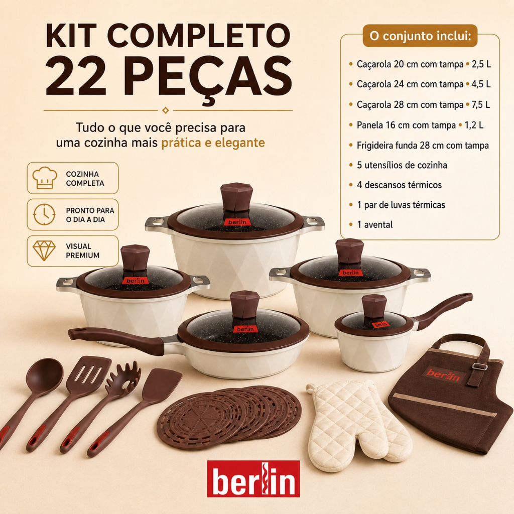 Kit Panelas Antiaderentes 22 Pçs Jogo Completo Para Cozinha Com Espátulas Silicone Descanso De Panela E Avental Grátis