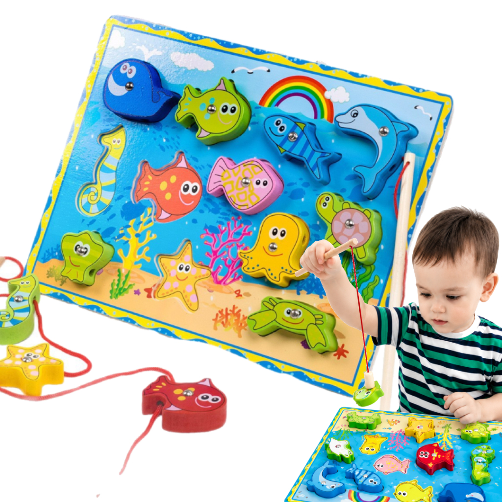 Brinquedo Educativo Montessori Pescaria Infantil de Madeira Jogo para Coordenação Motora e Aprendizado