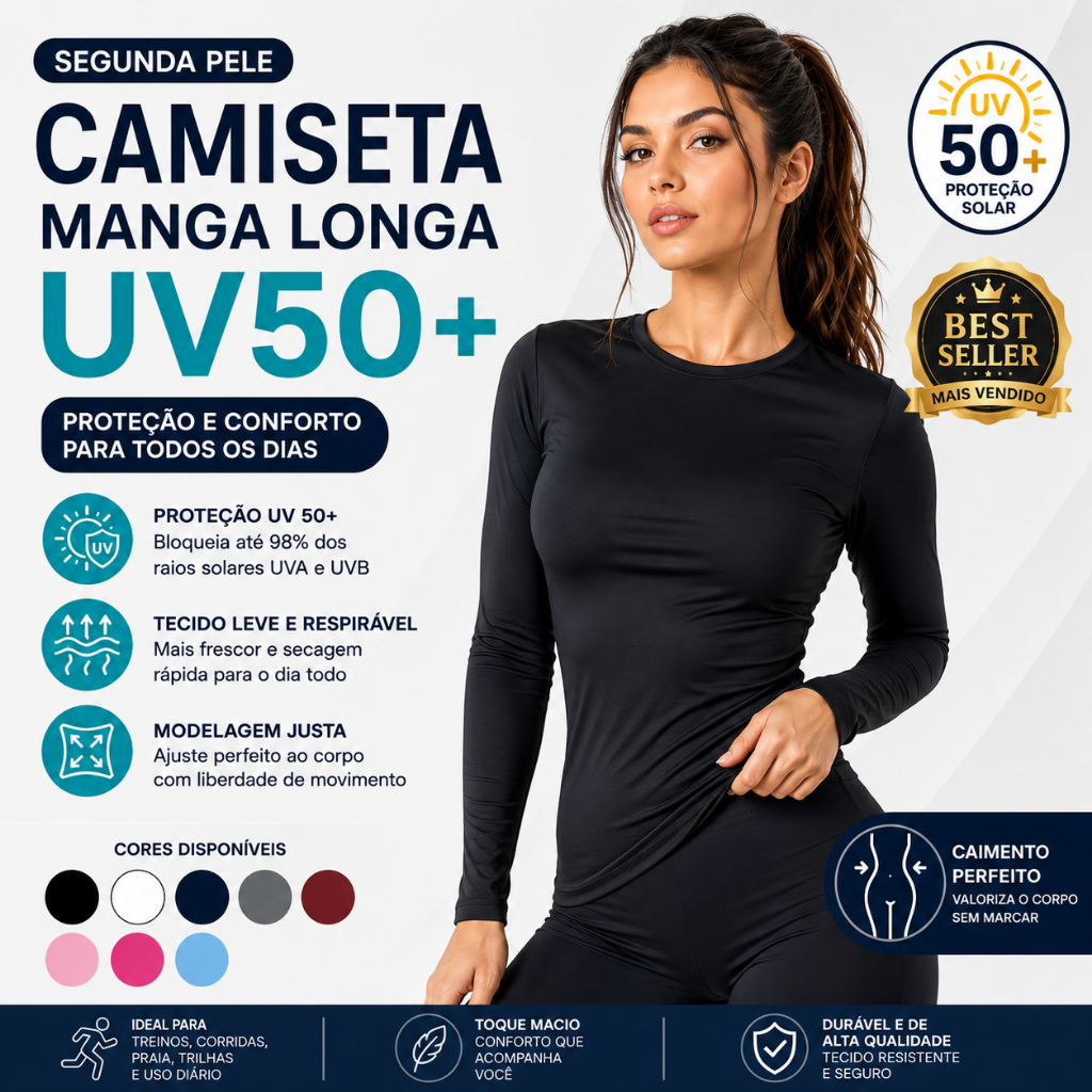 Camiseta Feminina Segunda Pele Básica Manga Longa Proteção Solar Uv 50+ Corrida Praia Fitnes Verão